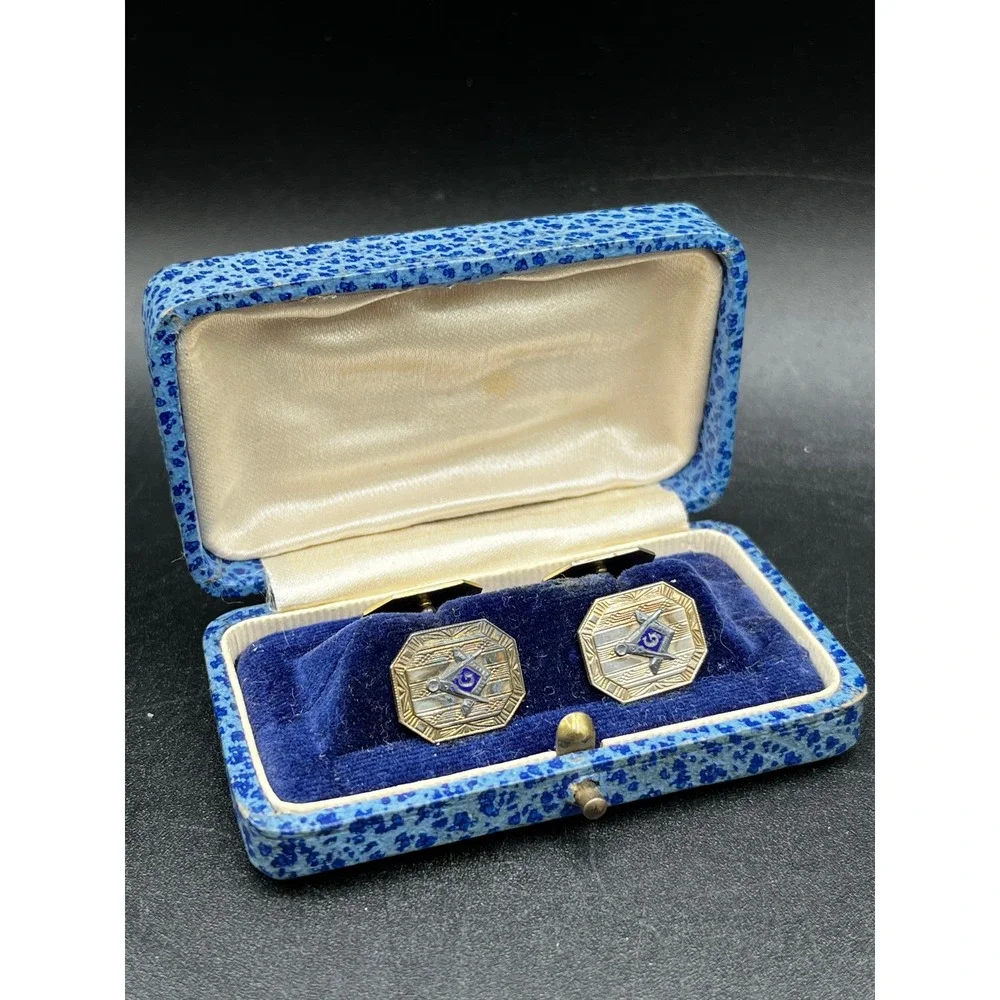 Antique Masonic Cufflinks Gold Tone Blue Enamel Octagon Engraved Fraternal Boxed